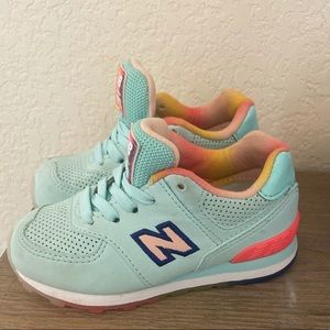 New Balance 574 Sneakers infant size 7. Teal/ orange/ pink